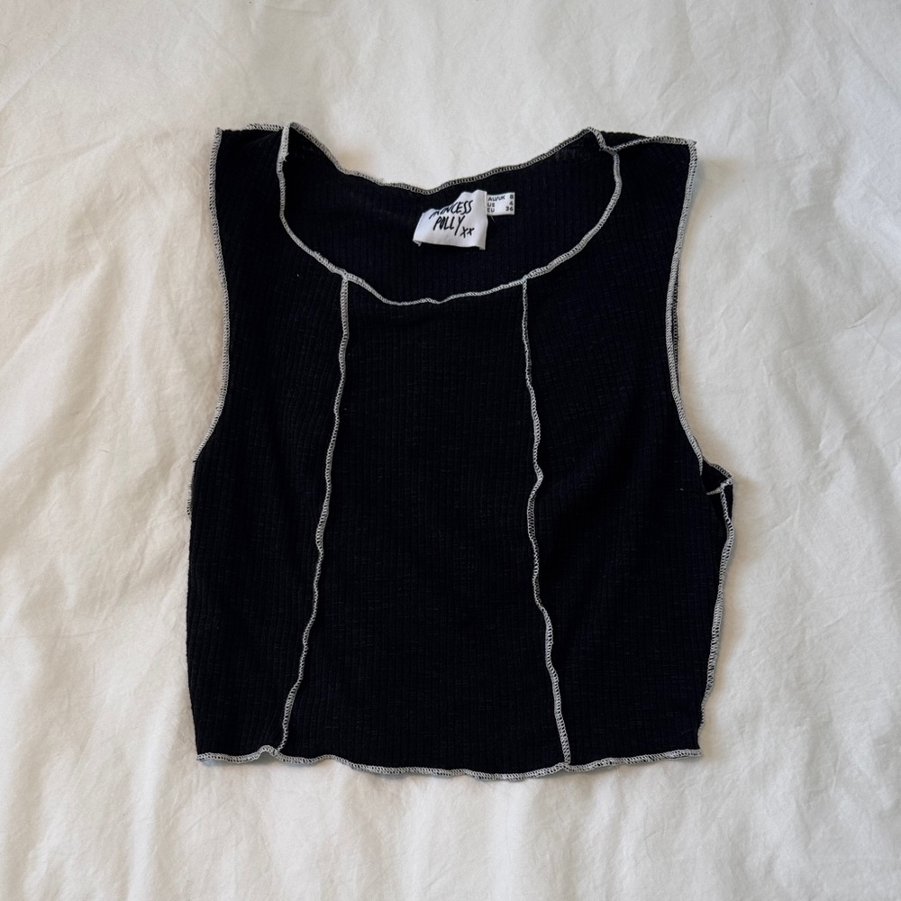 Princess Polly Black Crop Top with White Stitching